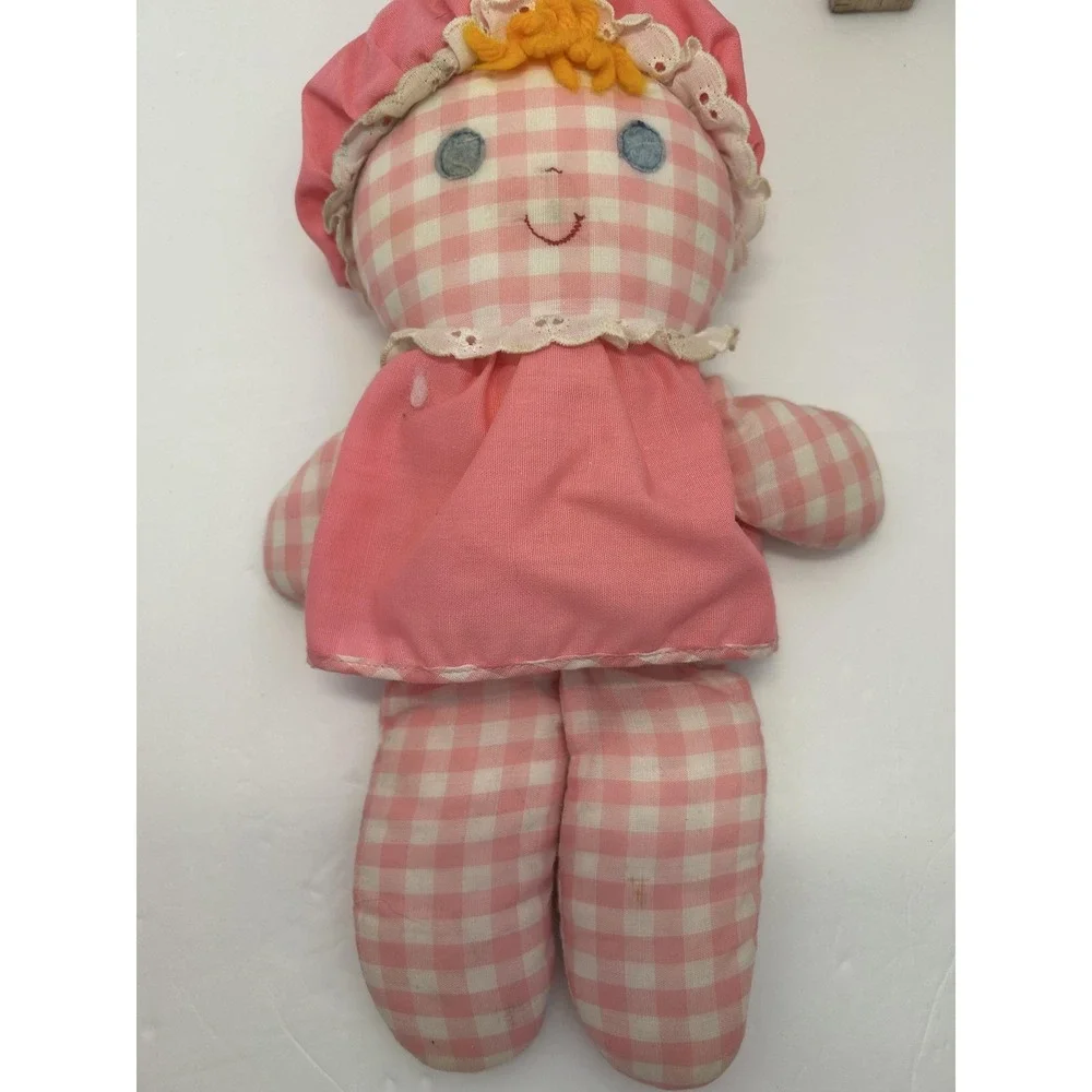 1975 FISHER-PRICE LOLLY Pink Gingham Rattle Inside Rag Doll #420 EUC FLAWED